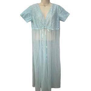 Vintage Pinehurst Lingerie Sheer Long Robe Dressing Gown Blue Size M Lace USA
